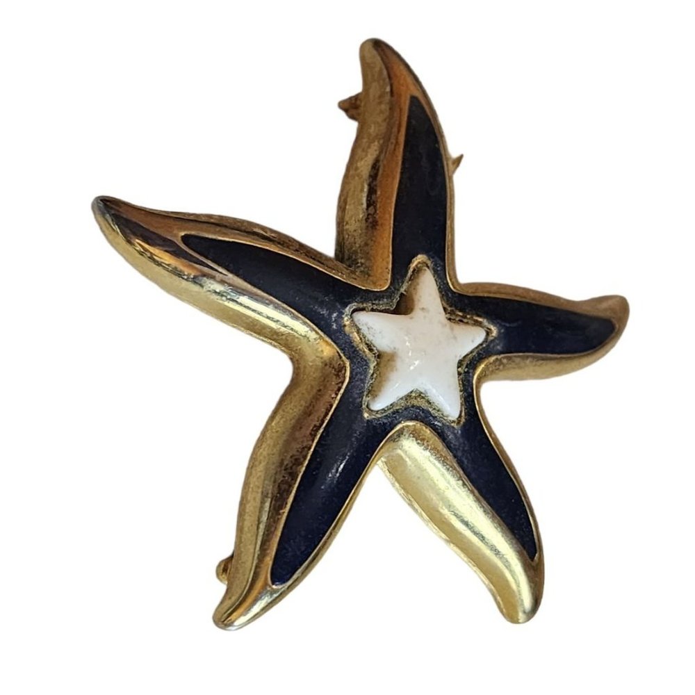 Vintage 80s Heavy Enamel Matte Gold Star Brooch (A2450)